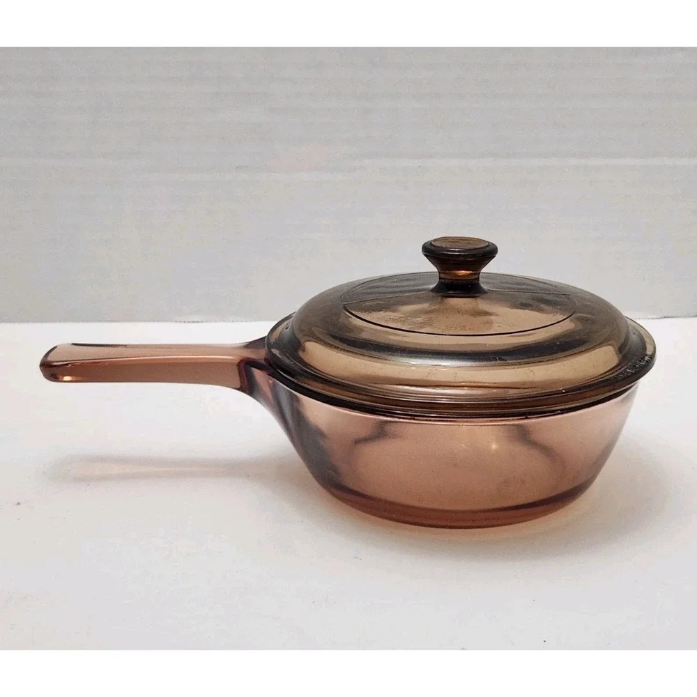 Corning Vision Ware Amber Pyrex Glass 0.5L Sauce Pan/Pot USA With Lid Used
